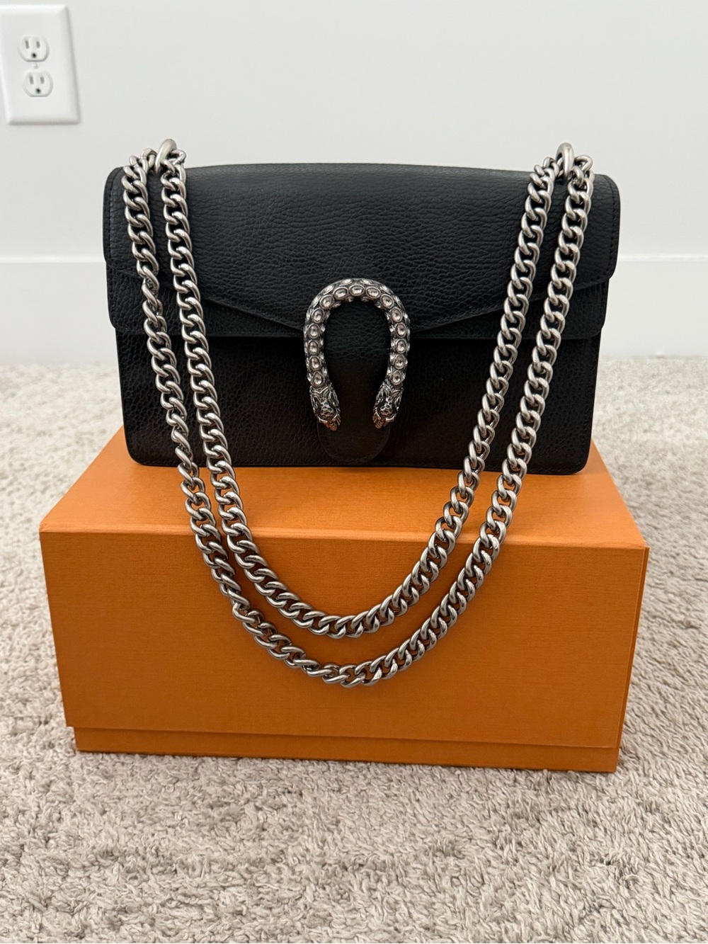 Black Leather Luxury Dionysus Chain Shoulder Bag with Silver Hardware